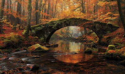 Fototapeta na wymiar forest in autumn with an ancient stone bridge over a stream, showcasing fall colors and natural beauty