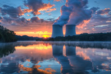 Nuclear power plant near the lake at sunset - obrazy, fototapety, plakaty