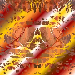 Background with symmetrical stained-glass pattern with branches, lights in orange, red and yellow colors - abstract graphic. Topics: wallpaper, card, abstraction, pattern, texture, art of computer