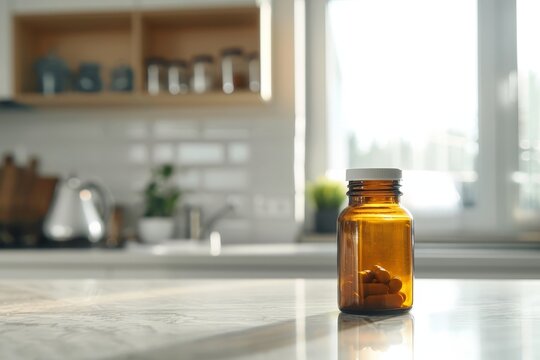 Medicine bottle with white pills on the table in the kitchen, brown glass bottle with pills