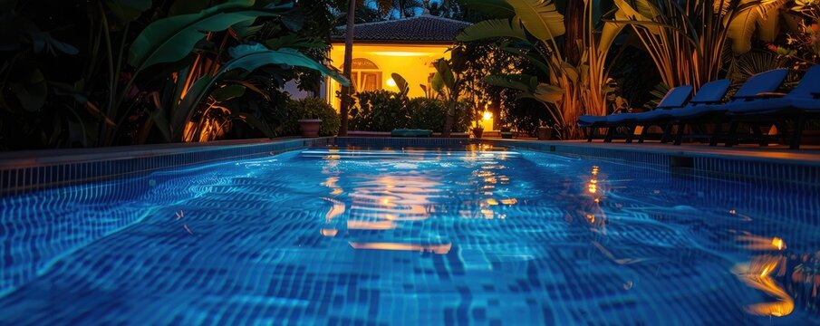 poolside with dazzling reflections of lights on water surfaces, surrounded by trees during the twilight