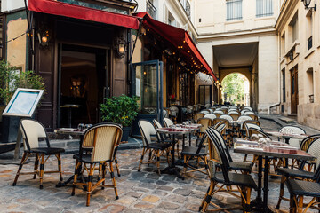 Cozy street near Boulevard San-German with tables of cafe  in Paris, France. Cityscape of Paris. Architecture and landmarks of Paris - 764826117