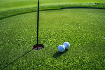 Two golf balls inside a cup on a golf course putting green with a flag