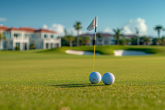 Two golf balls inside a cup on a golf course putting green with a flag
