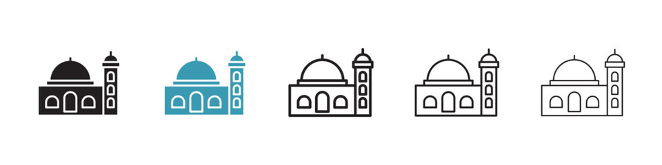 Fototapeta na wymiar Mosque Structure and Minaret Icons. Islamic Worship Building and Religious Architecture Symbols