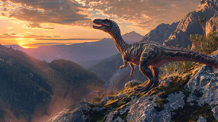 Dinosaur in mountains.  - obrazy, fototapety, plakaty
