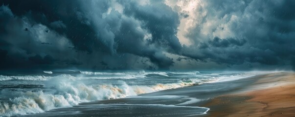 dramatic ocean scape with lightning crashing over the tumultuous sea. Ocean storm comming