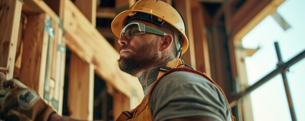 Focused construction worker accurately measures a wooden beam within a framework of a new house build