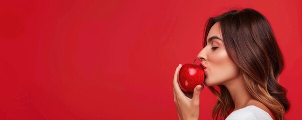Attractive woman holding apple against red background. Side view. copy space for text
