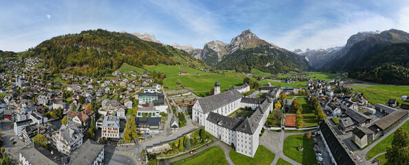 Drone view at a the convent of Engelberg in the Swiss alps - obrazy, fototapety, plakaty