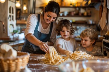 A heartwarming scene of a mother and children making homemade pasta in a cozy kitchen setting - obrazy, fototapety, plakaty