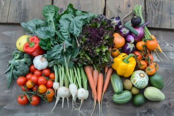 Freshly harvested vegetables neatly organized on a wooden surface depicting the richness and variety of garden produce
