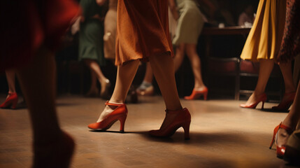 1940's style Dancehall: Close-ups of Women's Dance Shoes. Latin Rhythm, Warm and Expressive 