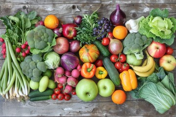 Vibrant collection of fresh produce neatly arranged on a rustic wooden background, showcasing a variety of vegetables
