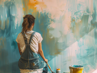 Woman in Overalls Prepares to Paint Wall. Woman in a paint-smeared overall sits next to a wall that is about to be painted.
