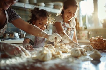 A lively family scene with children and adults baking together, covered in flour in soft kitchen light - obrazy, fototapety, plakaty