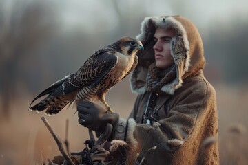 Dramatic photo of a young falconer in nature, holding a majestic bird of prey