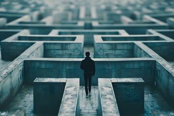 A man navigating a complex maze symbolizing challenges and decisions in life. Concept Life Challenges, Decision Making, Maze Navigation - obrazy, fototapety, plakaty
