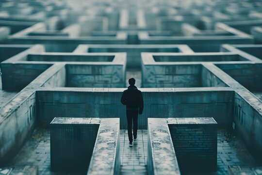 A man navigating a complex maze symbolizing challenges and decisions in life. Concept Life Challenges, Decision Making, Maze Navigation