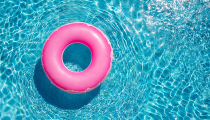 Pink inflatable ring floating in swimming pool water, summer holiday concept - obrazy, fototapety, plakaty