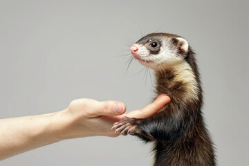 A human hand gently grasping a ferret looking up with curiosity and alertness - obrazy, fototapety, plakaty