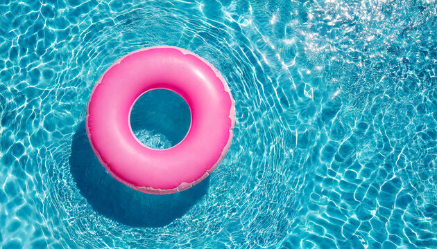 Pink inflatable ring floating in swimming pool water, summer holiday concept