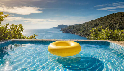Swimming pool with inflatable ring against the backdrop of a mountain landscape - obrazy, fototapety, plakaty
