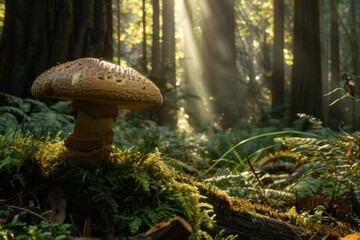 A sunbeam illuminates a large mushroom surrounded by lush moss in a serene, enchanted forest scene