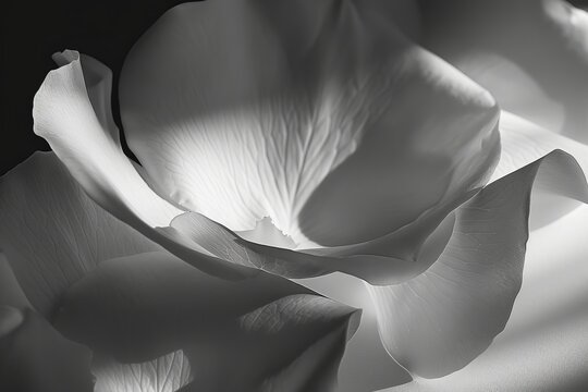 This black and white image showcases the ethereal beauty of a rose through delicate lighting, emphasizing form and detail