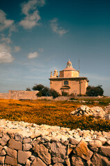 A chapel and the flower field.
