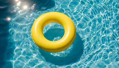 Yellow inflatable ring floating in blue swimming pool water, top view - obrazy, fototapety, plakaty