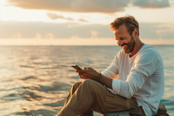 Happy man text messaging through smart phone while sitting on pier by sky and sea.