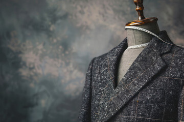 Semi-ready jacket with tailor's measuring tape on mannequin against grey background, closeup. Space for text.