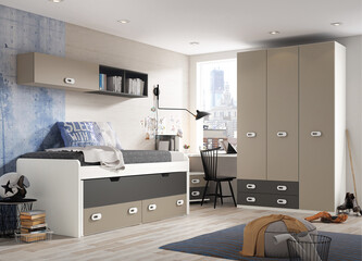 a room with a colorful wall and a bed with a painting on the wall.