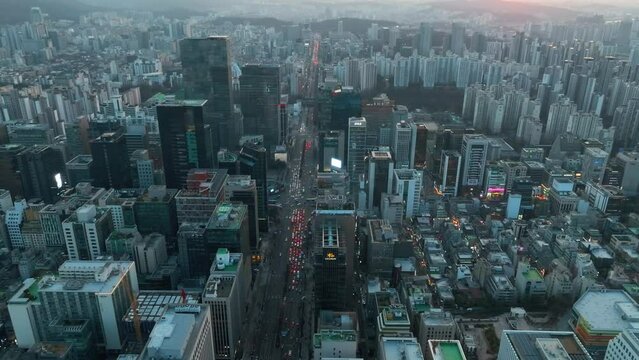 Drone View of Seoul city in South Korea, Gangnam road, winter, sunset