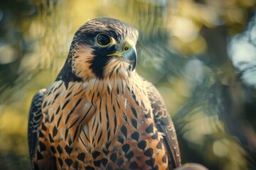 Close-up of a Peregrine Falcon with striking feather patterns and a piercing gaze, displaying the bird's majestic profile