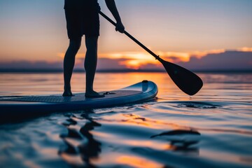 Close-up of legs on a paddleboard with a paddle in hand, ready to explore the calm waters during a stunning sunset - obrazy, fototapety, plakaty
