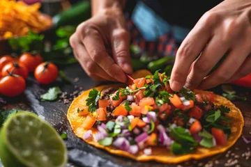 Fotobehang Vivid shot of a person arranging brightly colored toppings on a taco, highlighting textures and colors © ChaoticMind