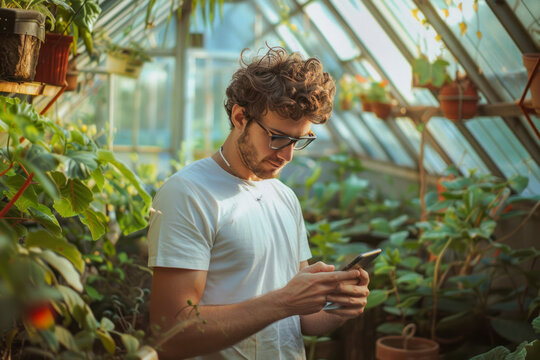 Young man taking a break and texting with smartphone in the greenhouse.