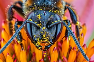 Detailed macro shot showcasing the intriguing patterns and textures on a bee as it pollinates a flower - obrazy, fototapety, plakaty