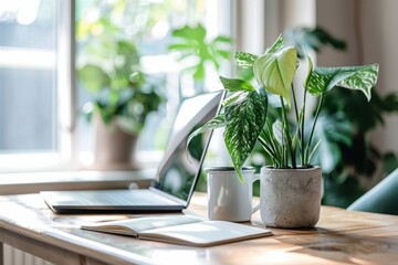 A well-organized home office space with green plants, ensuring a serene and productive environment