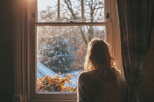 A contemplative image showing a woman looking out of a window adorned with raindrops, as sunlight bathes the room in a warm, ethereal glow