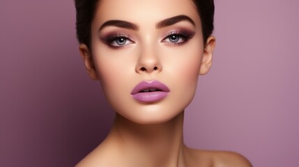 Fototapeta premium A woman with purple lipstick and eye makeup