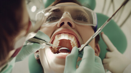 Dental Examination in Progress, Close-up view of a dental check-up with patient and dentist in a clinic