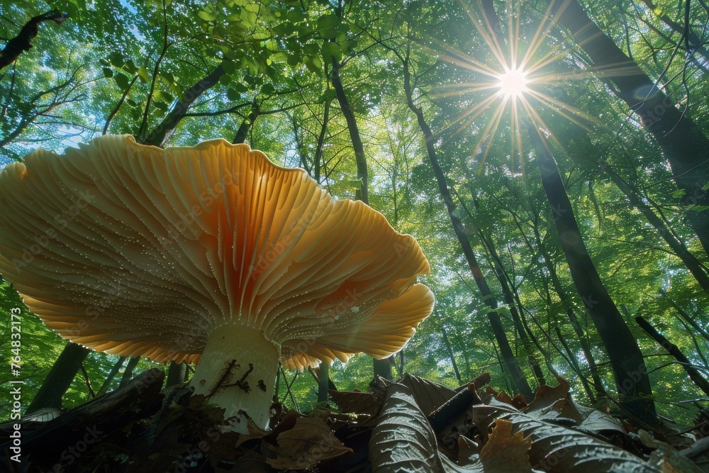 Poster low angle shot of a mushroom on the forest floor with sunlight bursting through the canopy above, ev