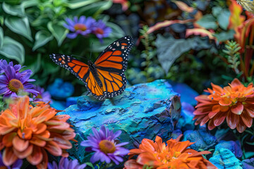 Monarch orange butterfly and bright summer flowers against a backdrop of blue foliage in a fairy...