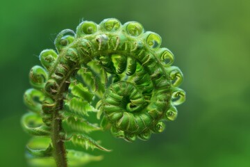 A detailed macro shot of young curled fern leaves with a vivid green color, showcasing patterns and natural designs