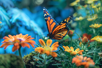 Monarch orange butterfly and bright summer flowers against a backdrop of blue foliage in a fairy garden