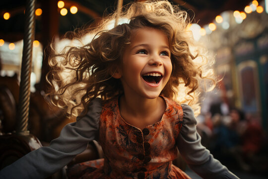 Funny and cute child swinging on carousel weekend family fair Generative AI picture - Powered by Adobe