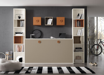 Fototapeta premium a room with a colorful wall and a bed with a painting on the wall.